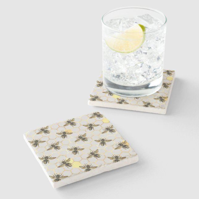 Bees on Honeycomb Pattern Yellow Gold Gray Stone Coaster (Side)