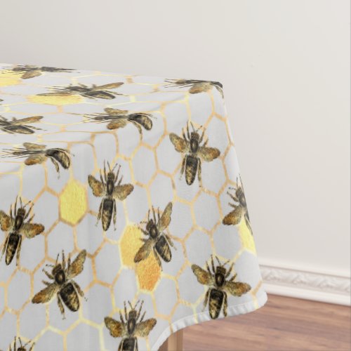 Bees on Honeycomb Pattern Yellow Gold Gray Tablecloth