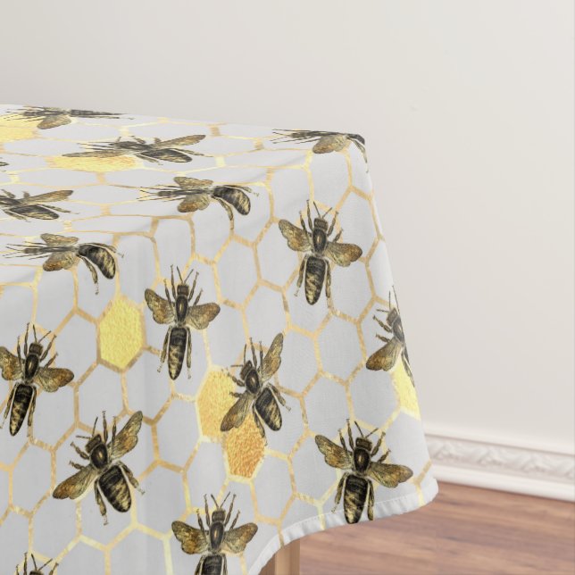 Bees on Honeycomb Pattern Yellow Gold Gray Tablecloth (In Situ)