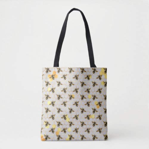 Bees on Honeycomb Pattern Yellow Gold Gray Tote Bag