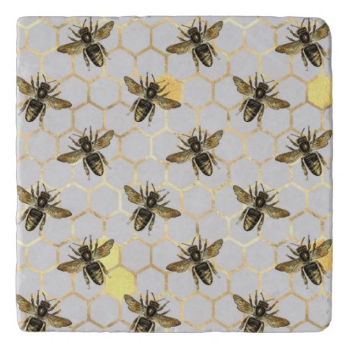 Bees on Honeycomb Pattern Yellow Gold Gray Trivet