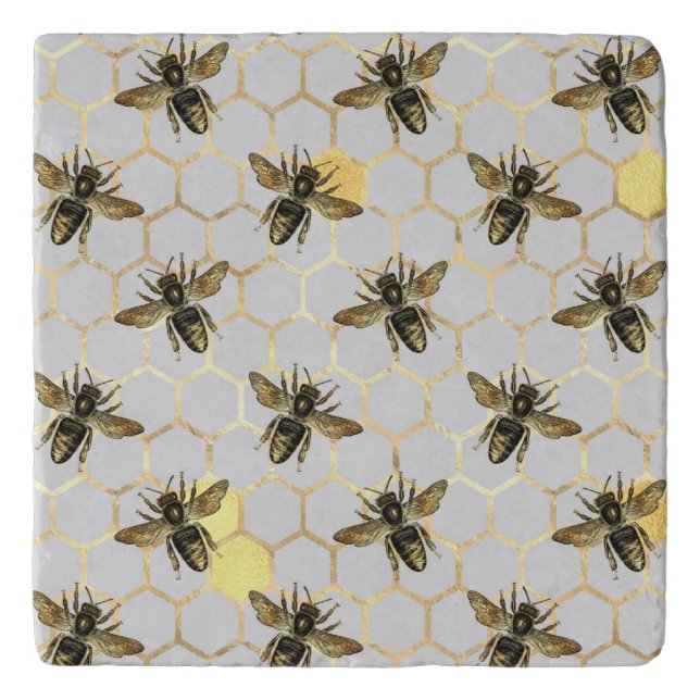 Bees on Honeycomb Pattern Yellow Gold Gray Trivet (Front)