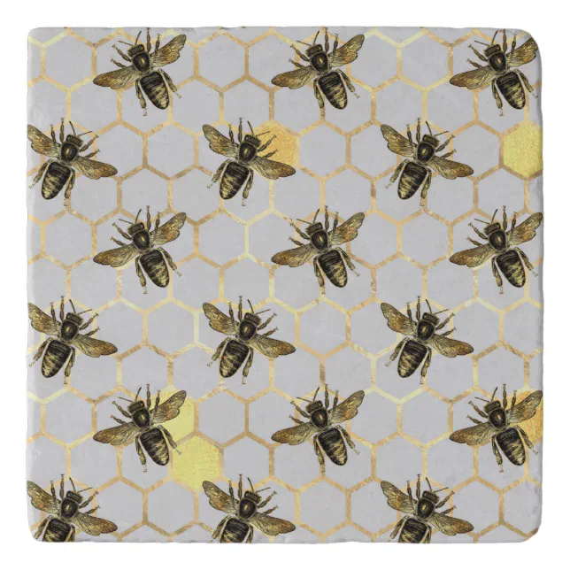 Bees on Honeycomb Pattern Yellow Gold Gray Trivet | Zazzle