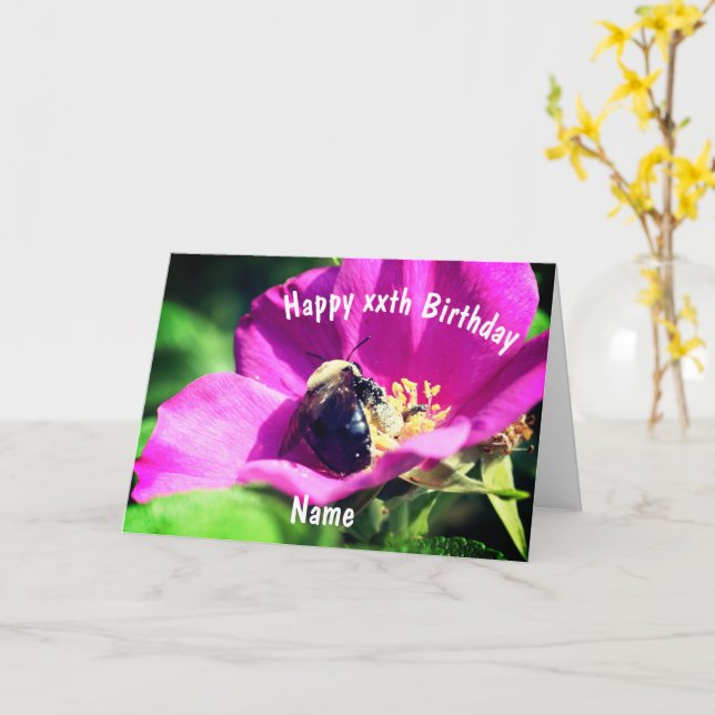 Bees On Rose Flower Personalized Birthday Card (Yellow Flower)