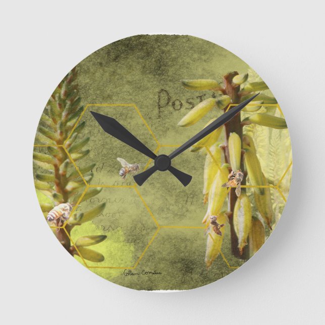 Bees on Yucca Plant Mixed Media Round Clock (Front)