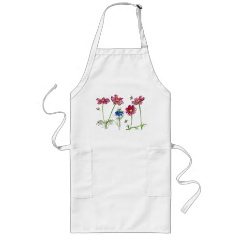 Bees Pink Cosmos Nigella Watercolor Flowers Long Apron