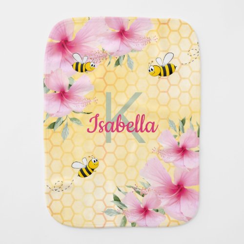 Bees pink florals yellow honeycomb monogram baby burp cloth