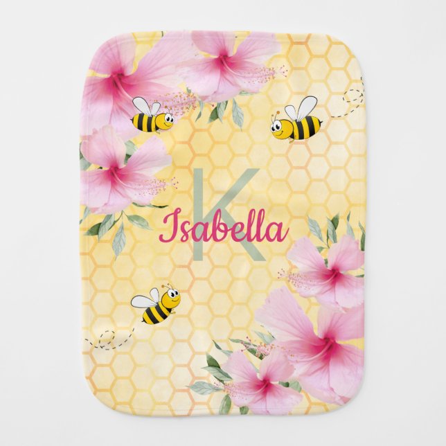Bees pink florals yellow honeycomb monogram baby burp cloth (Front)