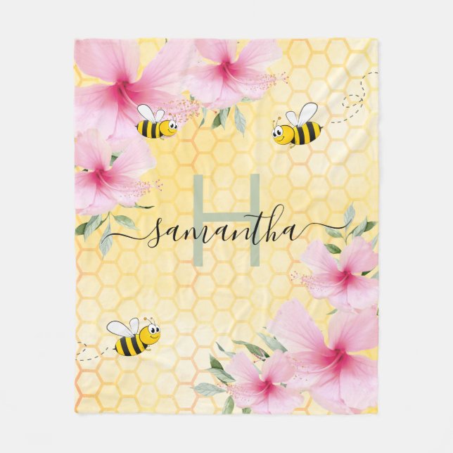 Bees pink florals yellow honeycomb monogram fleece blanket (Front)