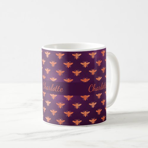 Bees purple rose gold monogram name coffee mug