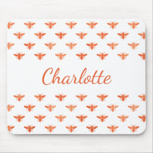 Bees rose gold monogram name script white mouse pad