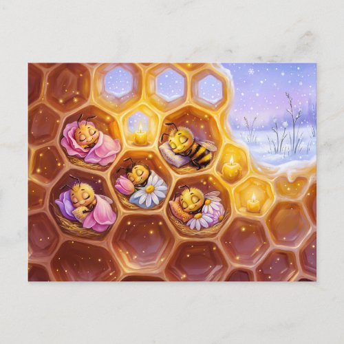 Bees sleeping in honeycombs under soft petal blank postcard