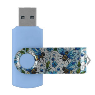 Bees Stain Glass Effect Blue Flash Drive