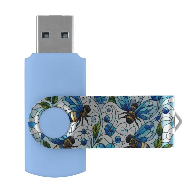 Bees Stain Glass Effect Blue Flash Drive (Opened)