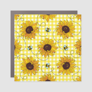Bees, sunflowers, checkered, vintage pattern. car magnet