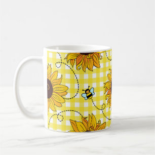 Bees, sunflowers, checkered, vintage pattern. coffee mug
