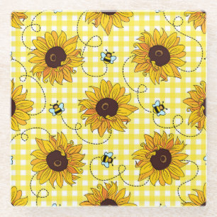 Bees, sunflowers, checkered, vintage pattern. glass coaster