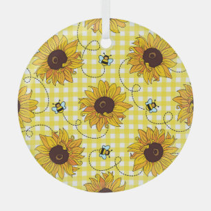 Bees, sunflowers, checkered, vintage pattern. glass ornament