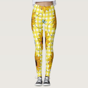 Bees, sunflowers, checkered, vintage pattern. leggings