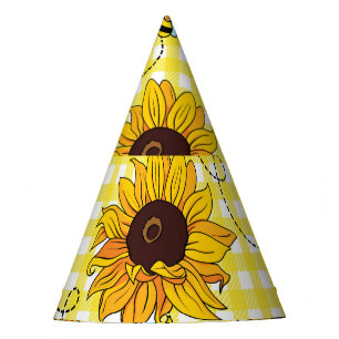 Bees, sunflowers, checkered, vintage pattern. party hat