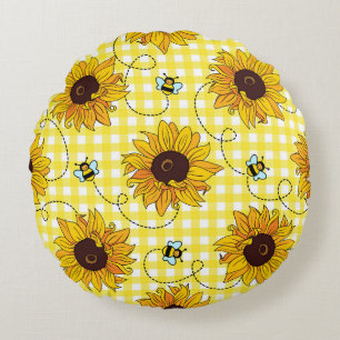 Bees, sunflowers, checkered, vintage pattern. round pillow