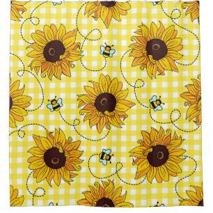 Bees, sunflowers, checkered, vintage pattern. shower curtain