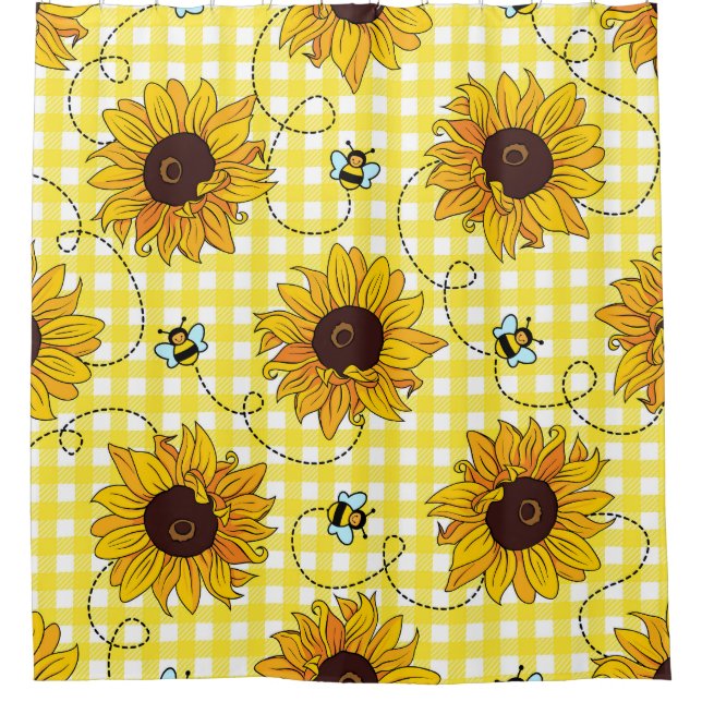 Bees, sunflowers, checkered, vintage pattern. shower curtain (Front)