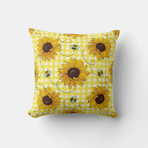 Bees, sunflowers, checkered, vintage pattern. throw pillow