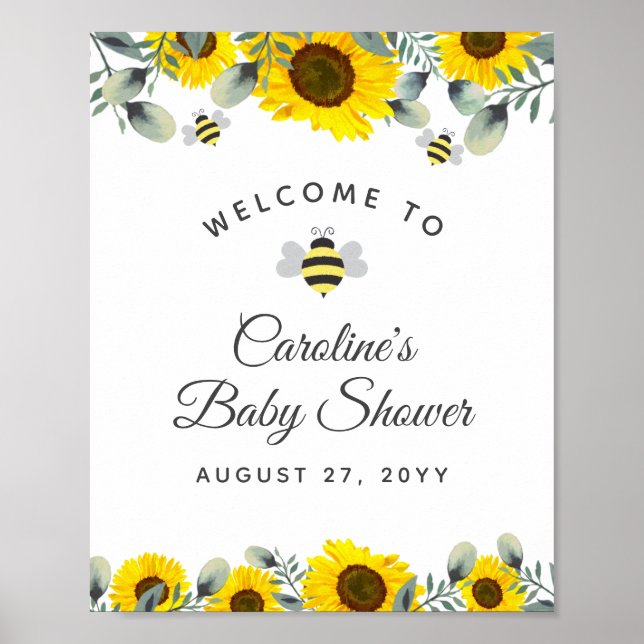 Bees Sunflowers Eucalyptus Baby Shower Welcome Poster (Front)