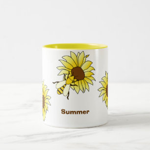Bees & sunflowers spell Summer Two-Tone Coffee Mug