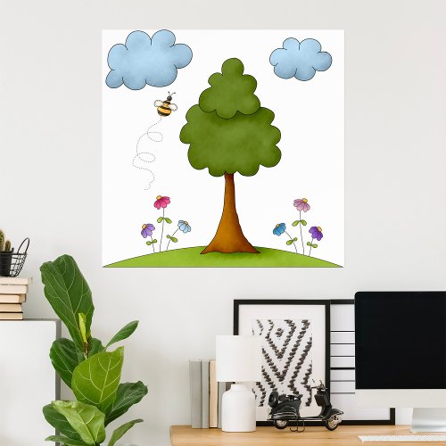 Bees Tree Flowers And Clouds Poster