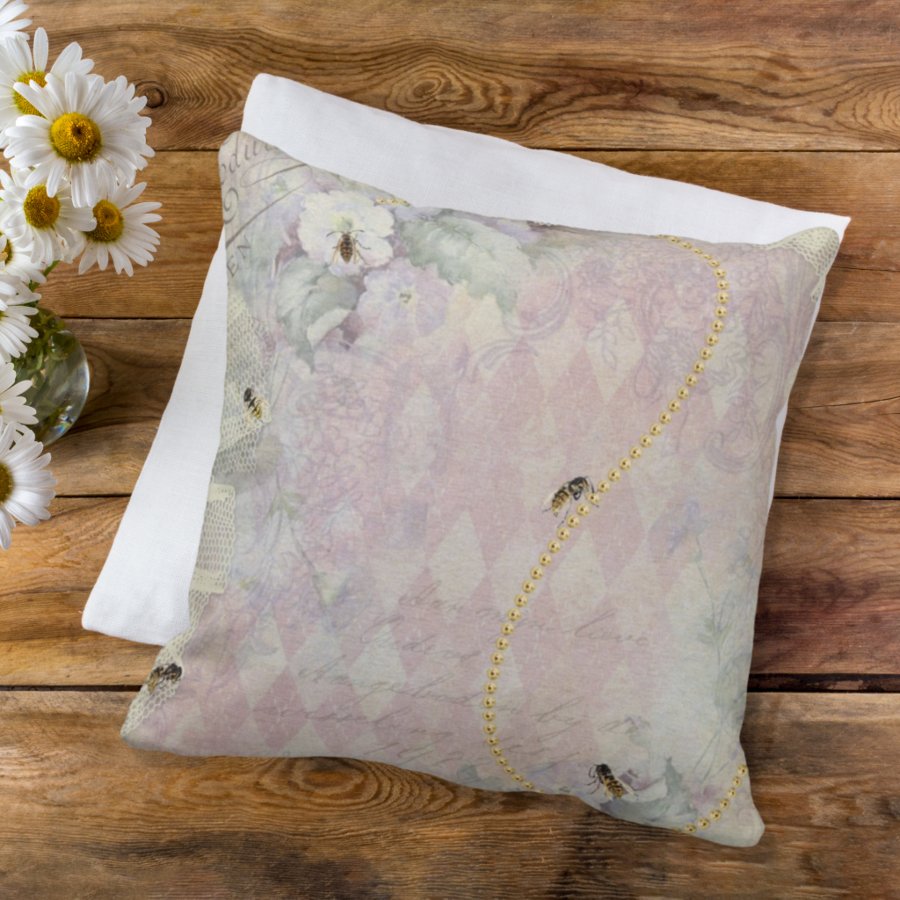 Bees Vintage Floral Argyle Lace Throw Pillow