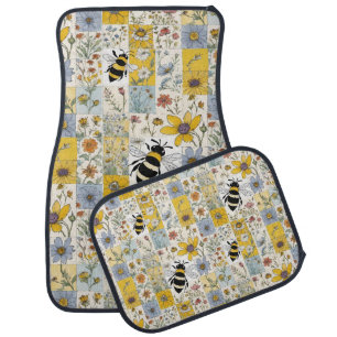 Bees Vintage Floral Patchwork in Blues and Yellows Car Floor Mat