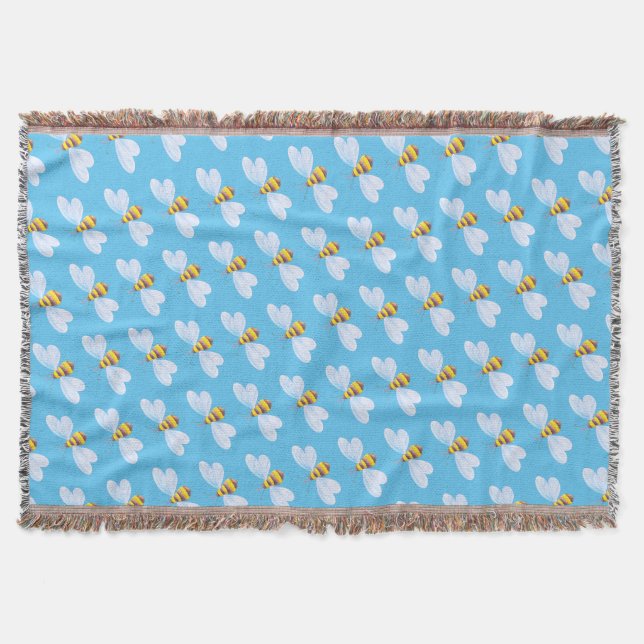 Bees watercolor art blue pattern throw throw blanket (Front)