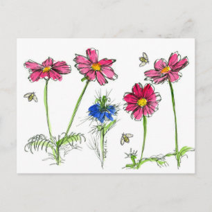 Bees Watercolor Flowers Pink Cosmos Postcard