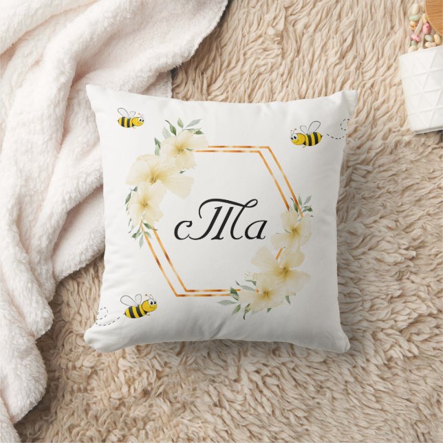 Bees white floral couple monogram throw pillow (Blanket)