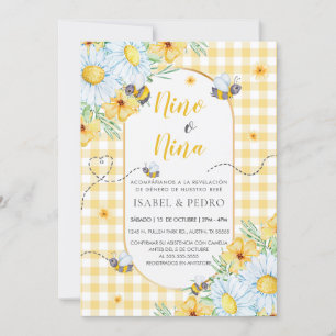 Bees & White Flowers Gingham Spanish Gender Reveal Invitation