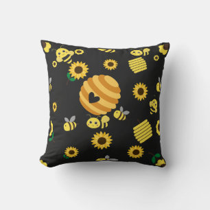 Bees with beehives and sunflower throw pillow