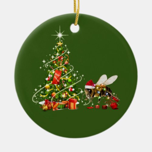 Bees With Hat Scaft Christmas Ceramic Ornament