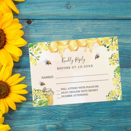 Bees yellow florals honeycomb response RSVP Note Card