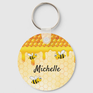 Bees yellow honeycomb cute name keychain