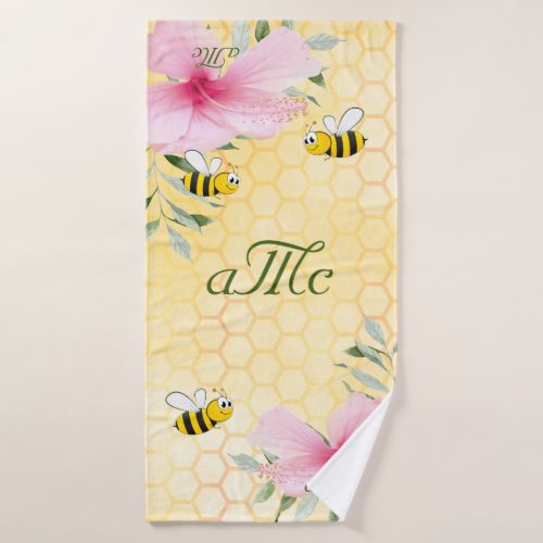 Bees yellow honeycomb floral couple monogram  bath towel