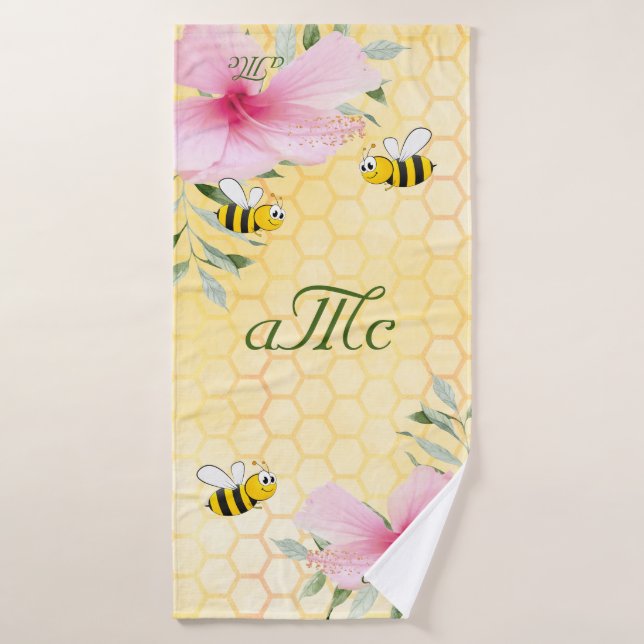Bees yellow honeycomb floral couple monogram  bath towel (Bath Towel)