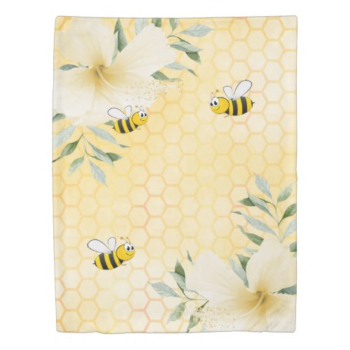 Bees yellow honeycomb floral duvet cover
