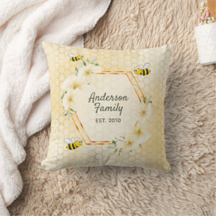 Bees yellow honeycomb floral family humor throw pillow