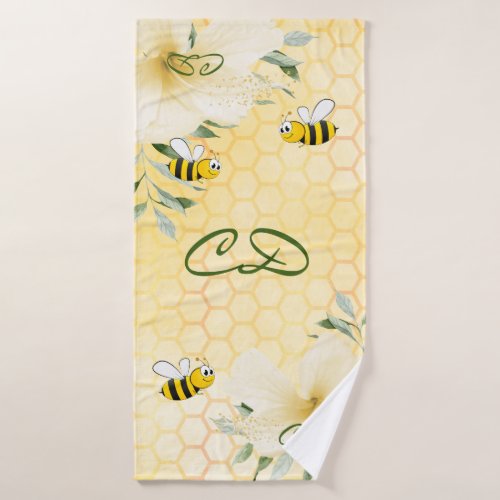 Bees yellow honeycomb floral monogram bath towel