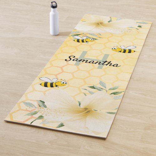 Bees yellow honeycomb floral name cute yoga mat