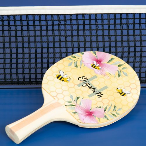Bees Yellow honeycomb floral pink flowers name Ping Pong Paddle