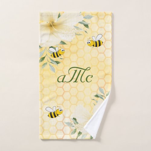 Bees yellow honeycomb flowers couple monogram hand towel 