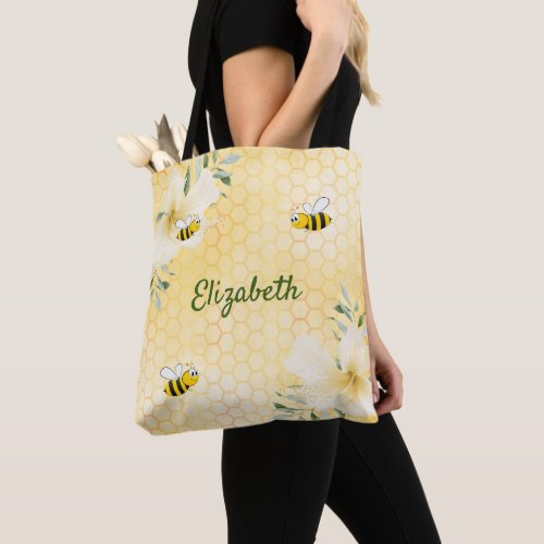 Bees yellow honeycomb flowers name tote bag